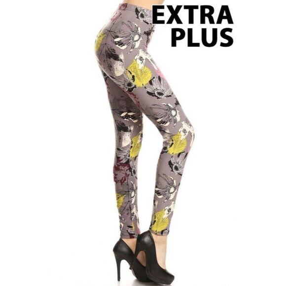 X-Plus Size 3X-5X Womens Floral Multi-color Print,‎ Full Leggings With Banded - Picture 3 of 4